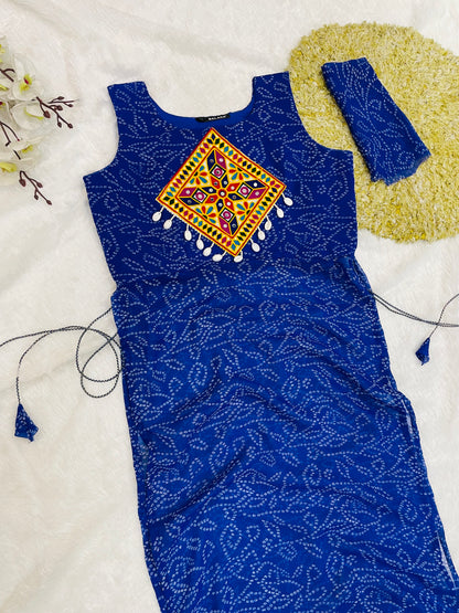 Royal Blue Bandhani Mirror Work Kurti Set