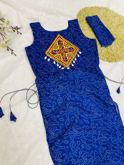 Royal Blue Bandhani Mirror Work Kurti Set