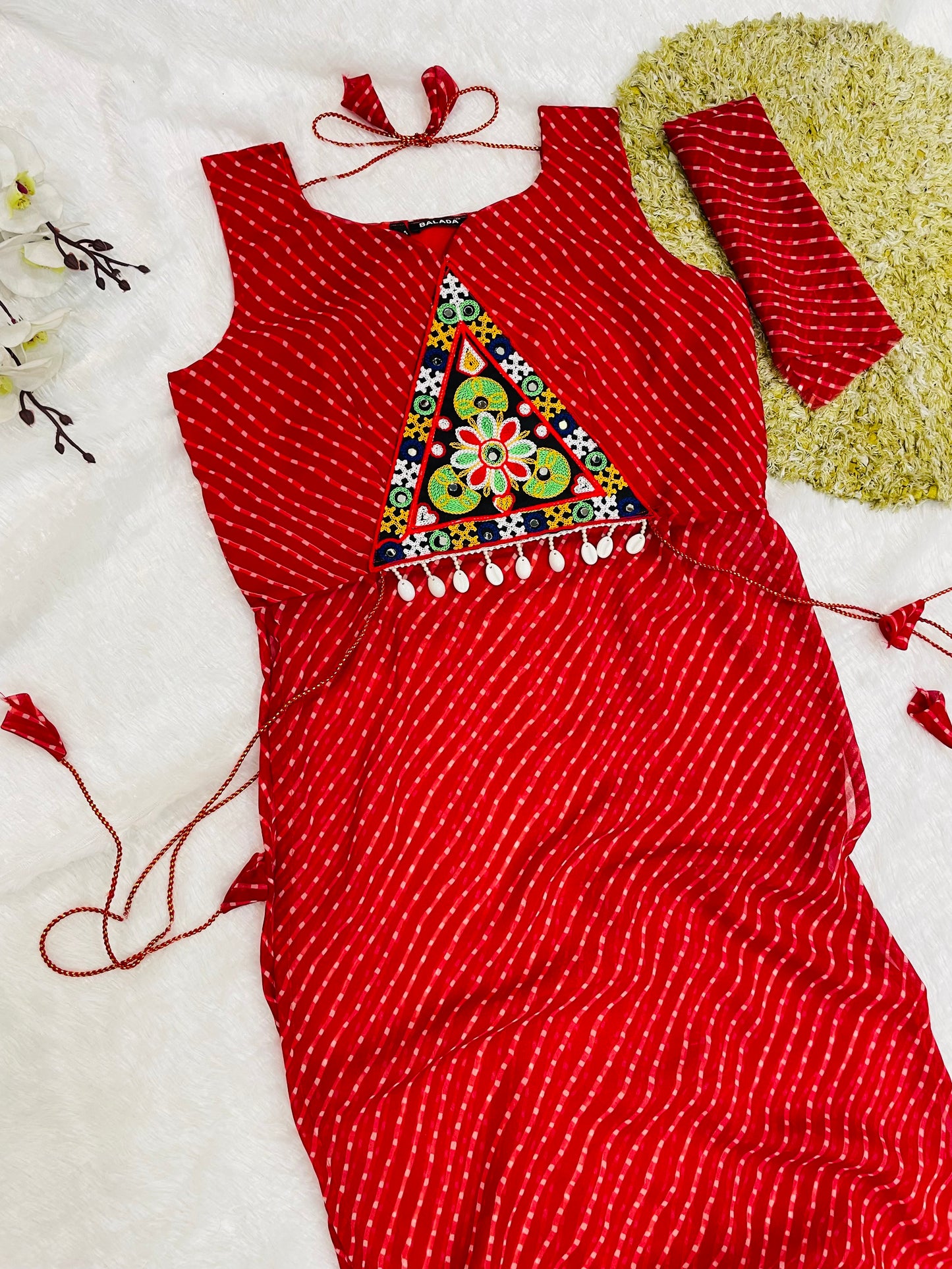 Bandhani Embroidered Cotton Kurti-Red