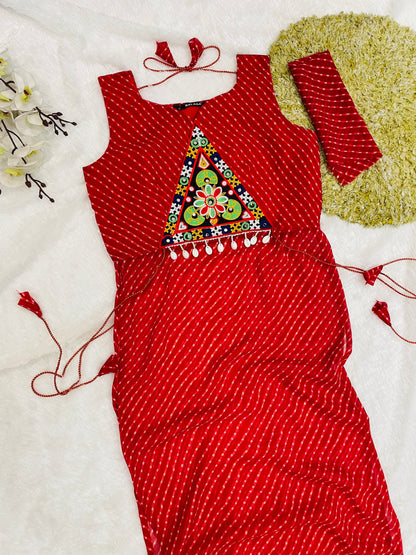 Bandhani Embroidered Cotton Kurti-Red