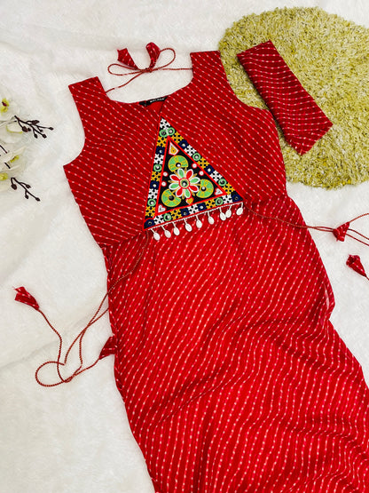 Bandhani Embroidered Cotton Kurti-Red