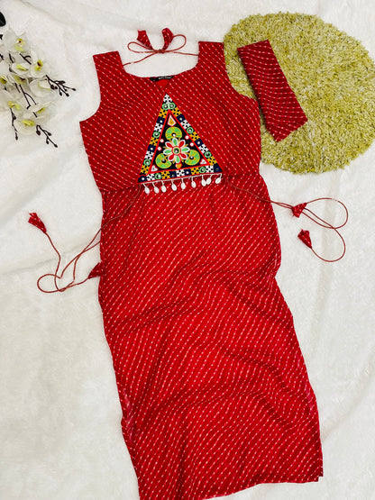 Bandhani Embroidered Cotton Kurti-Red