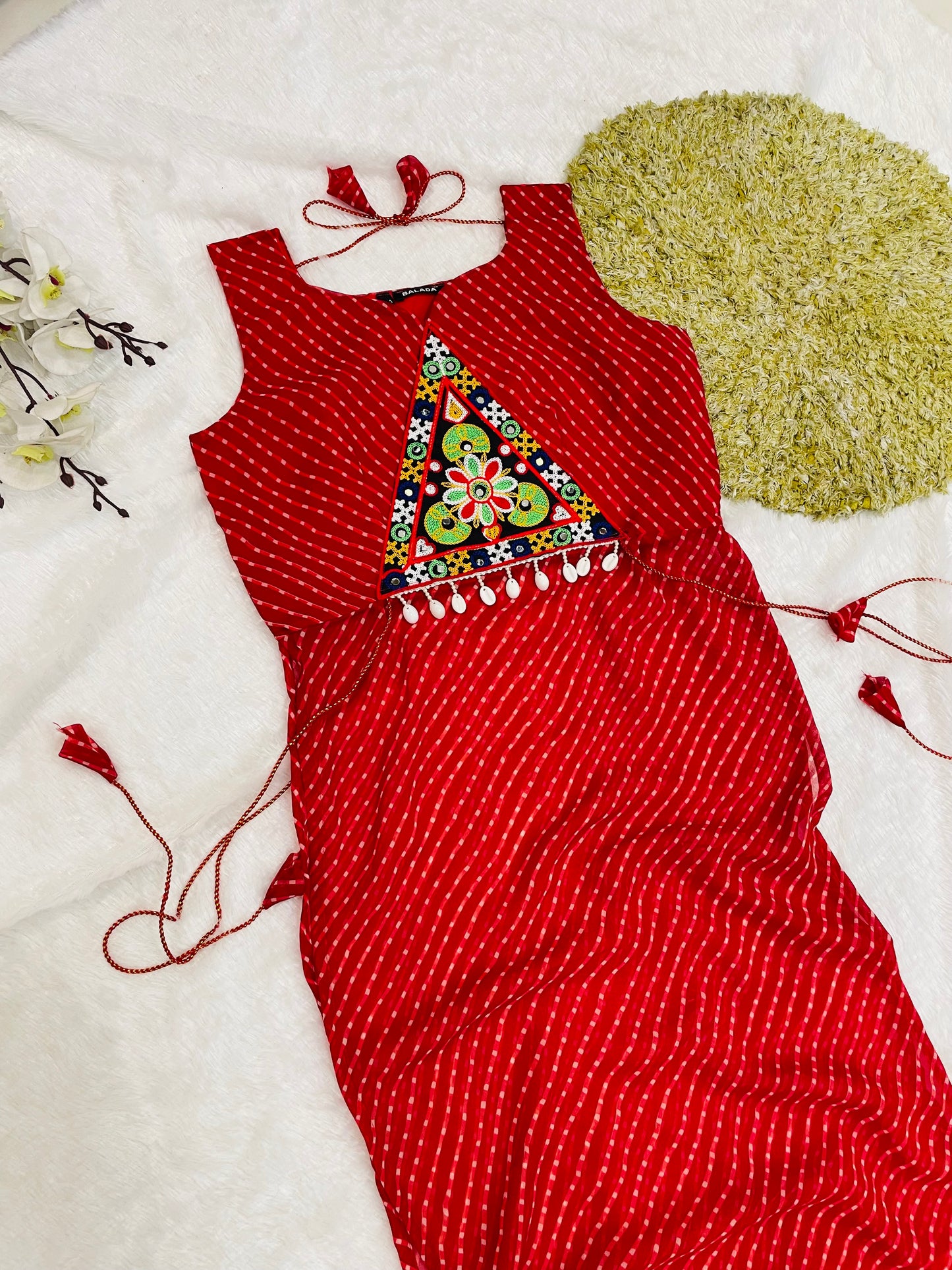 Bandhani Embroidered Cotton Kurti-Red