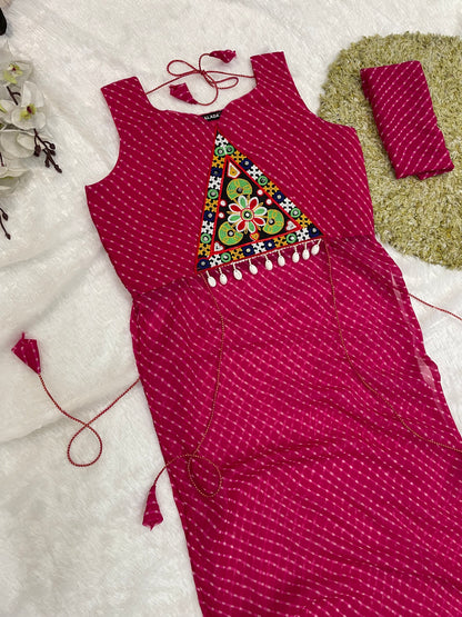 Bandhani Embroidered Georgette Kurti – Magenta Bloom