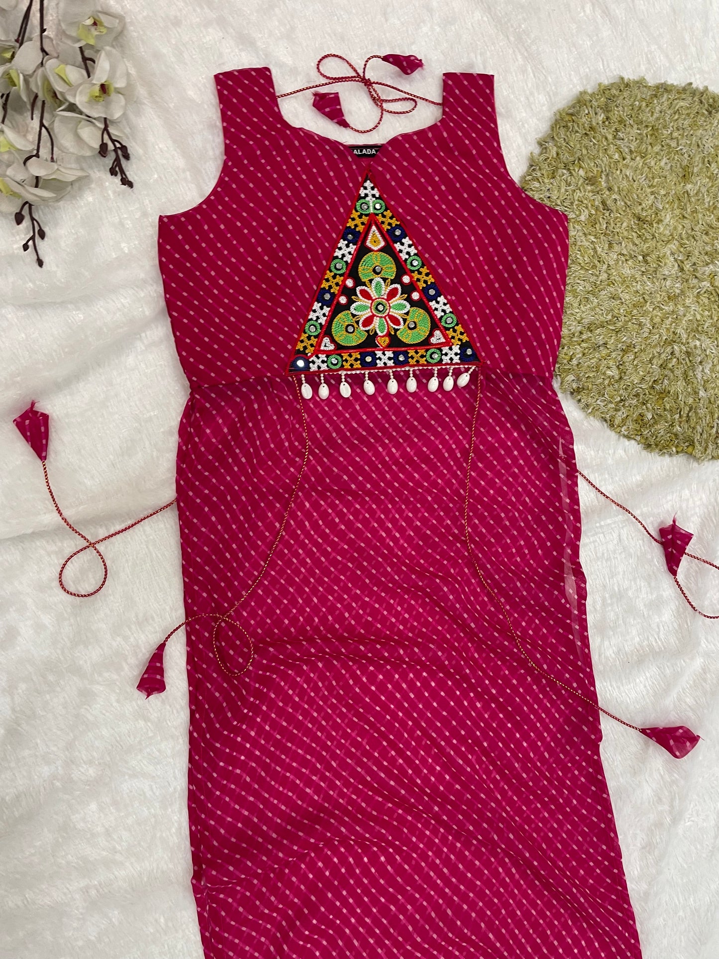 Bandhani Embroidered Georgette Kurti – Magenta Bloom
