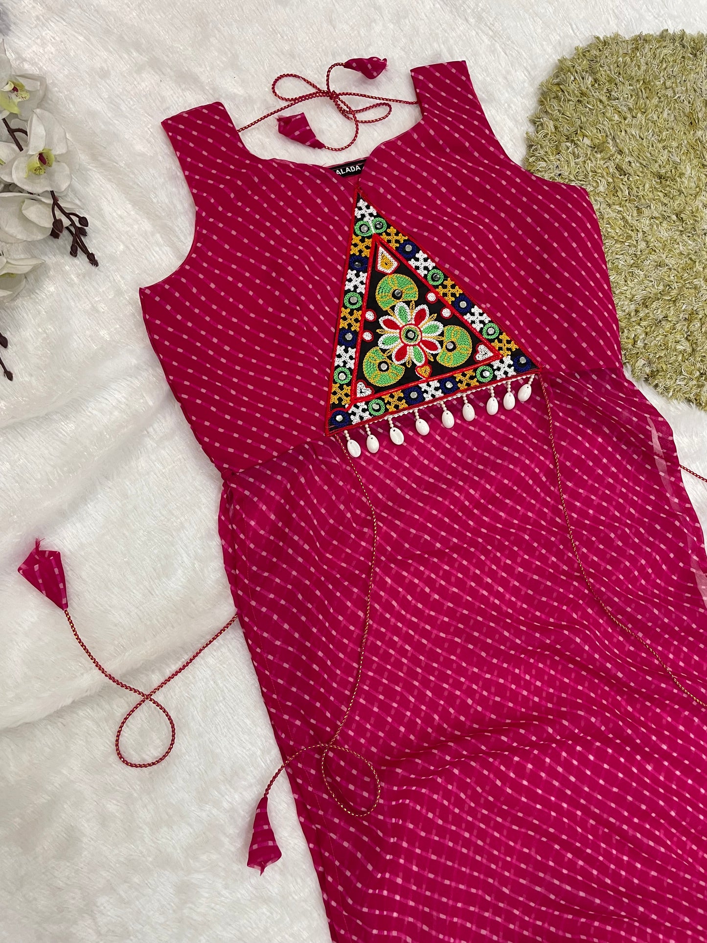 Bandhani Embroidered Georgette Kurti – Magenta Bloom