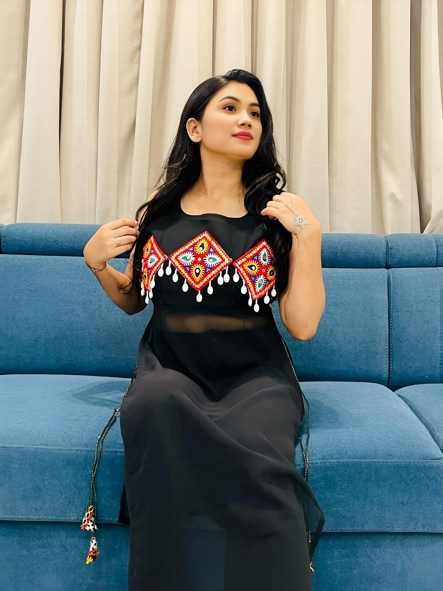 Womens Navratri Black Georgette Kurti
