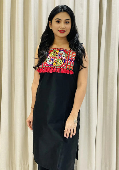 Tribal Mirror Work Straight Kurti – Ethnic Embroidered Panel
