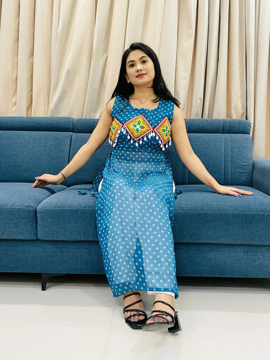 BALADA Teal Blue Georgette Kurti for Navratri – Embroidered Mirror Work Festive Outfit