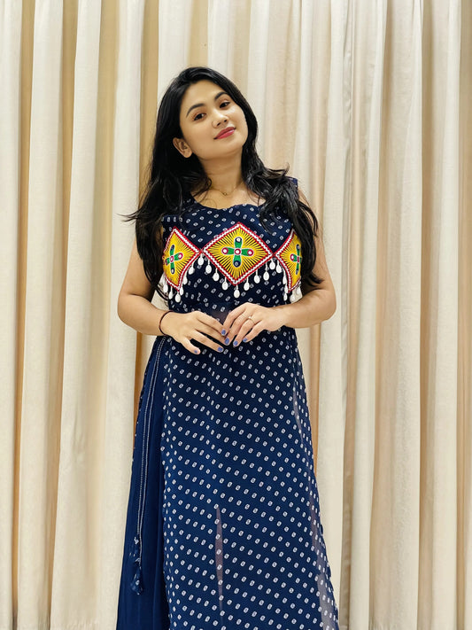 BALADA Navy Blue Georgette Kurti for Navratri – Traditional Mirror Work Festive Wear