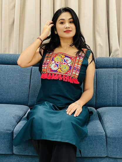 Tribal Mirror Work Straight Kurti – Ethnic Embroidered Panel