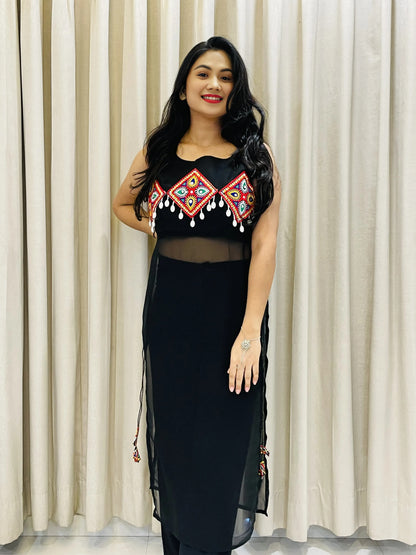 Womens Navratri Black Georgette Kurti