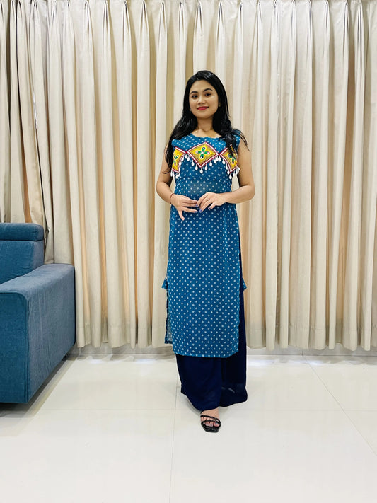 BALADA Teal Blue Georgette Kurti for Navratri – Embroidered Mirror Work Festive Outfit