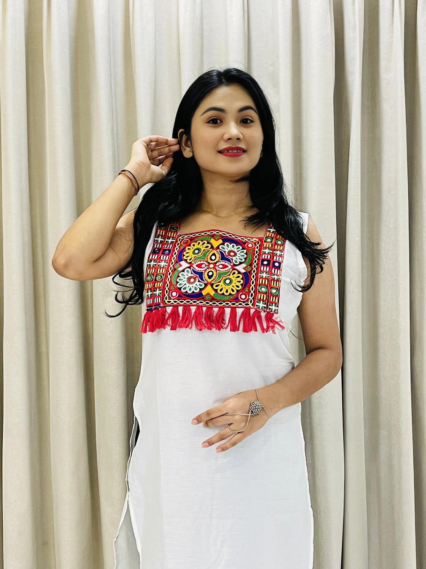 Tribal Mirror Work Straight Kurti – Ethnic Embroidered Panel