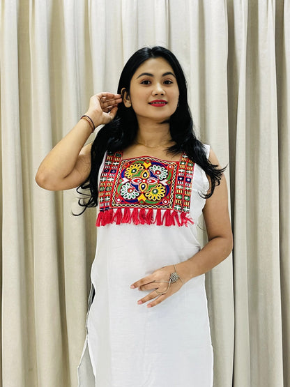Tribal Mirror Work Straight Kurti – Ethnic Embroidered Panel