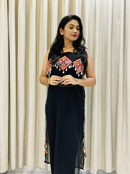 Womens Navratri Black Georgette Kurti