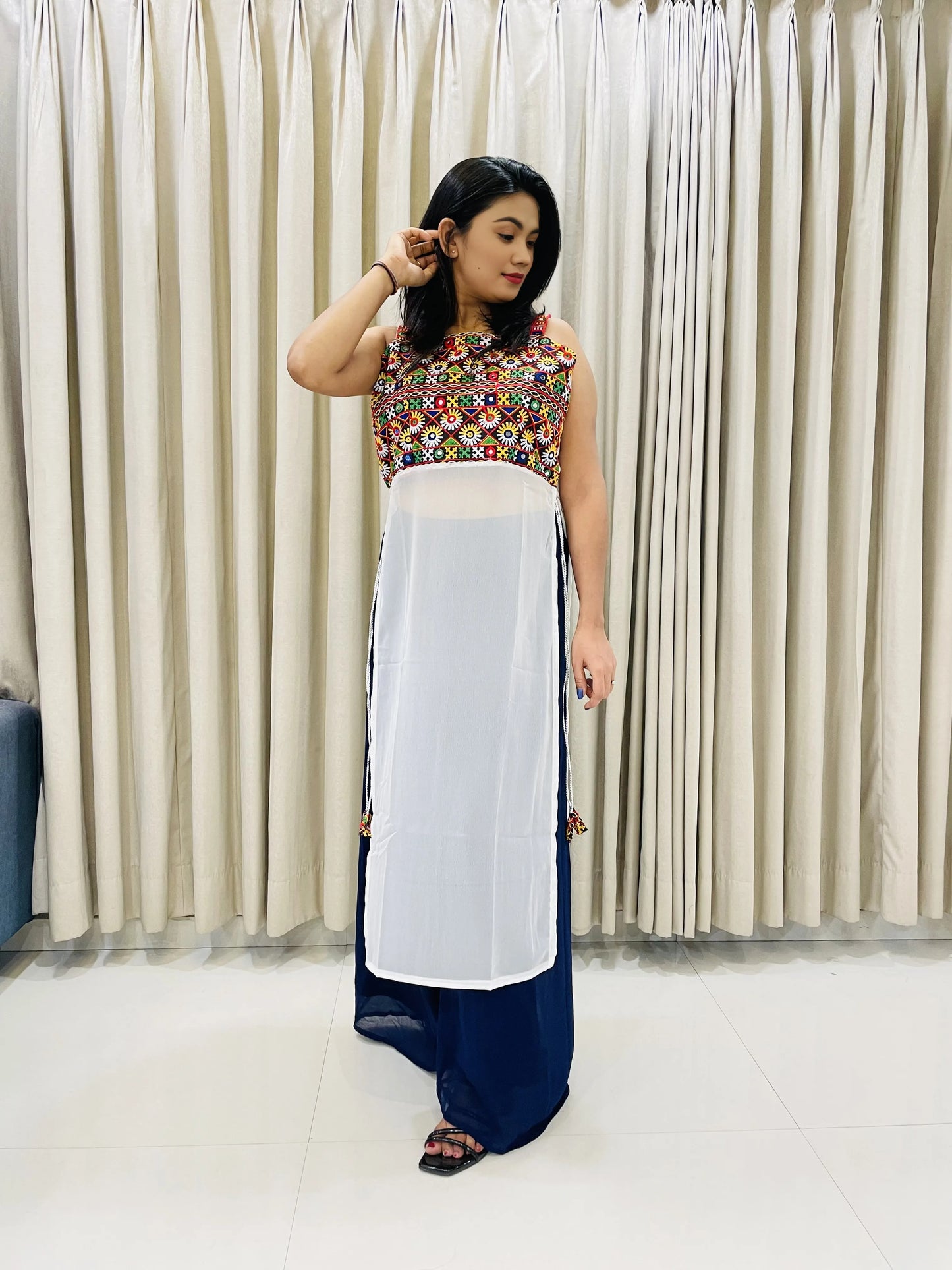 Navratri Special Embroidered Georgette Kurti for Women – Sleeveless Festive Wear
