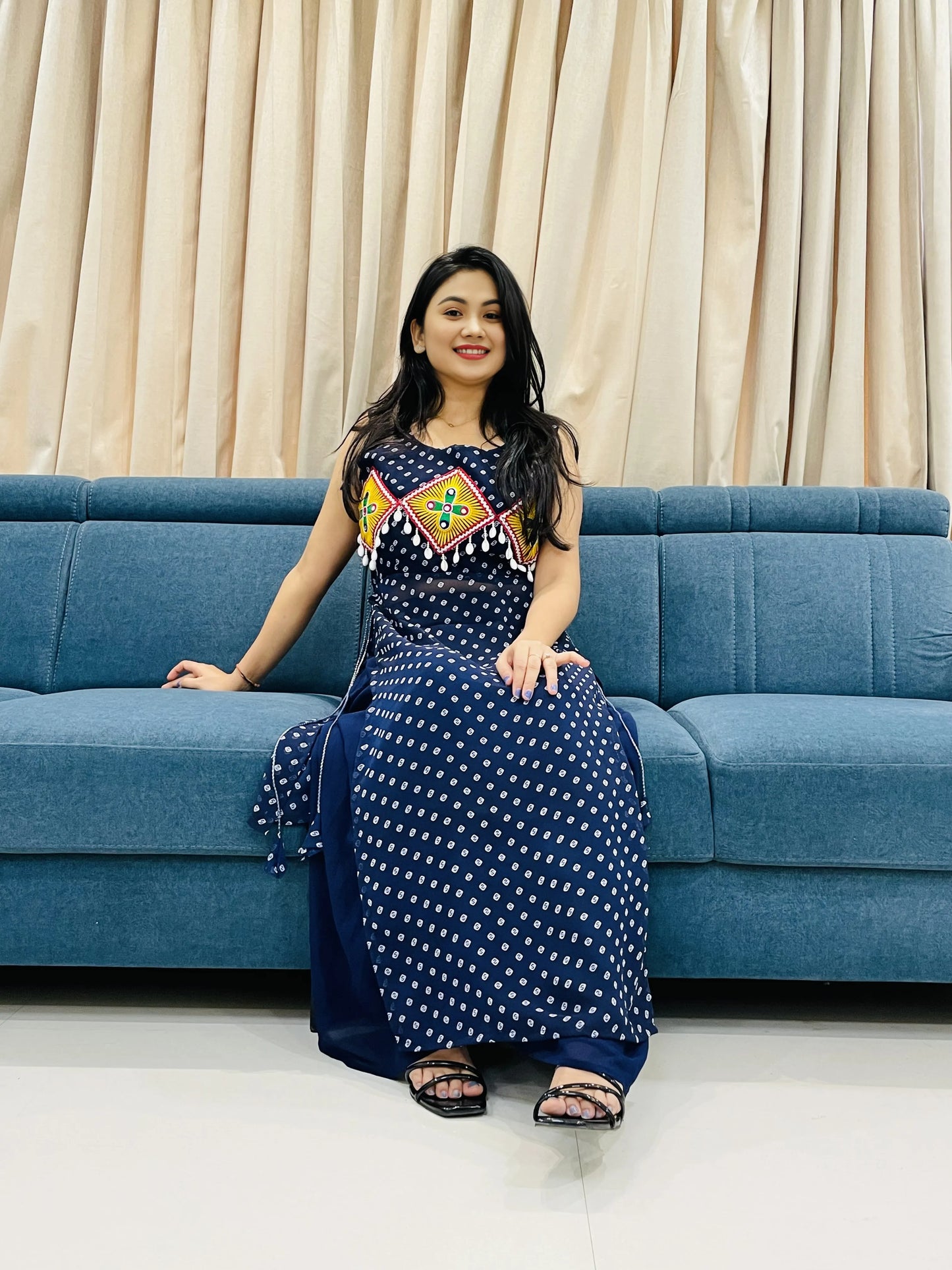BALADA Navy Blue Georgette Kurti for Navratri – Traditional Mirror Work Festive Wear