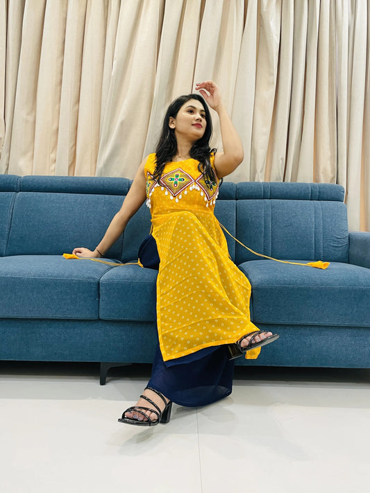 BALADA Yellow Georgette Kurti for Navratri – Traditional Mirror Work Festive Style