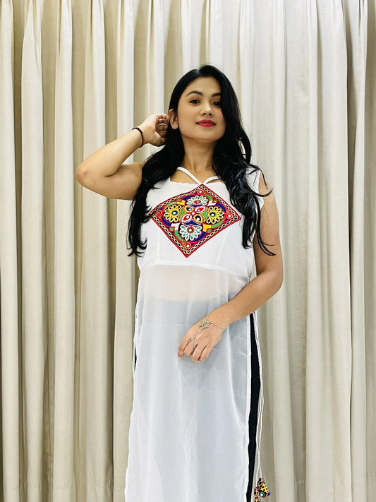 Embroidered Navratri Kurti – Black, Blue & White