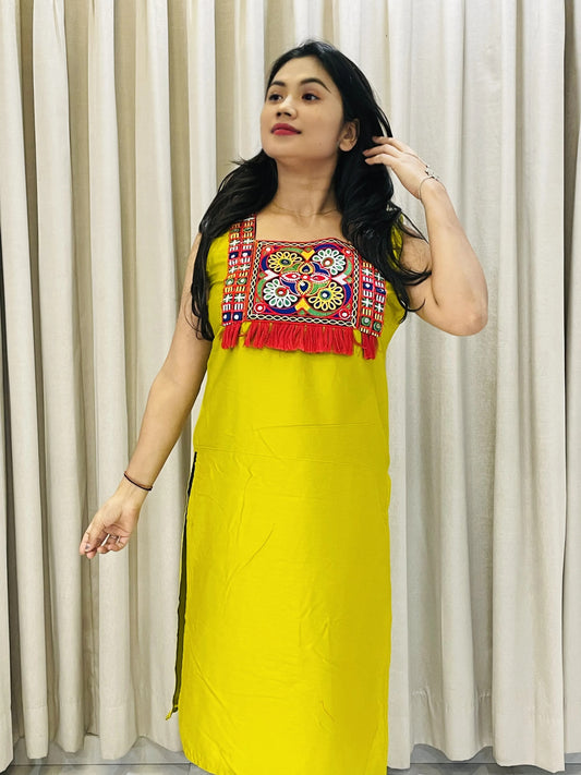 Tribal Mirror Work Straight Kurti – Ethnic Embroidered Panel