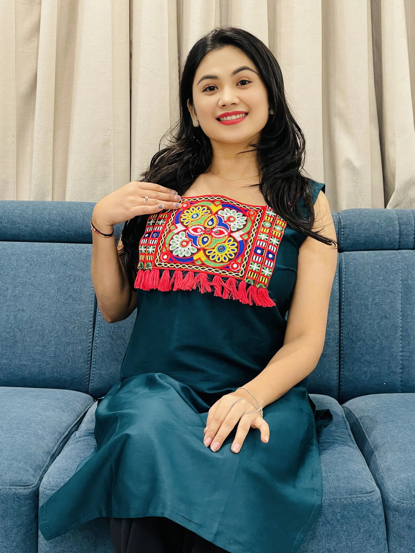 Tribal Mirror Work Straight Kurti – Ethnic Embroidered Panel
