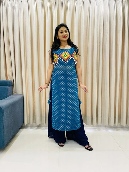 BALADA Teal Blue Georgette Kurti for Navratri – Embroidered Mirror Work Festive Outfit