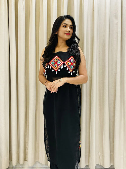 Womens Navratri Black Georgette Kurti