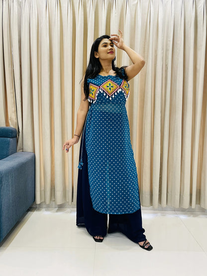 BALADA Teal Blue Georgette Kurti for Navratri – Embroidered Mirror Work Festive Outfit