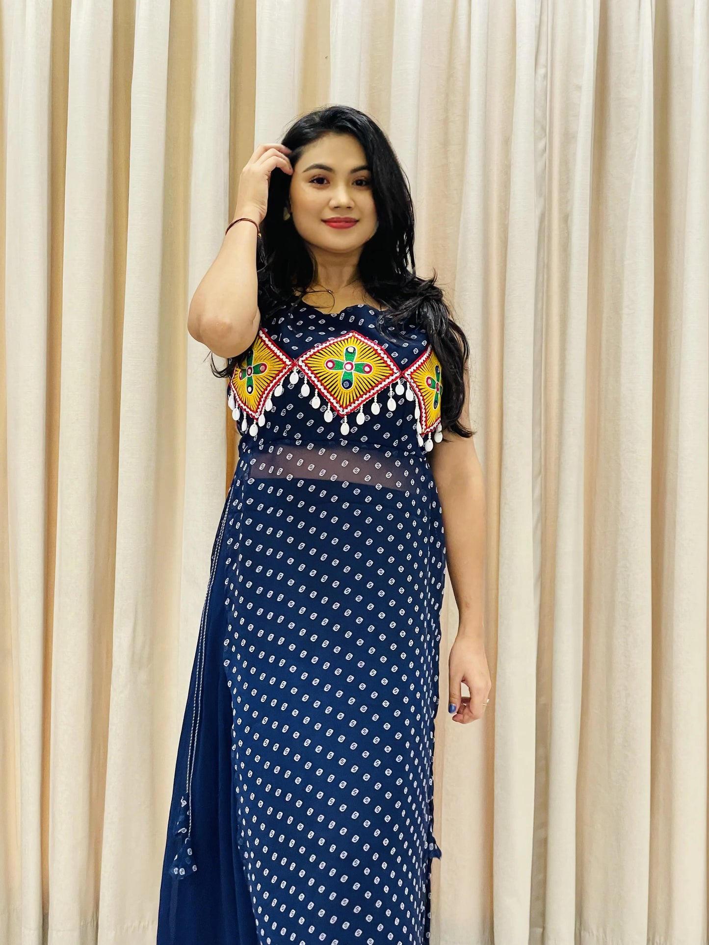 BALADA Navy Blue Georgette Kurti for Navratri – Traditional Mirror Work Festive Wear