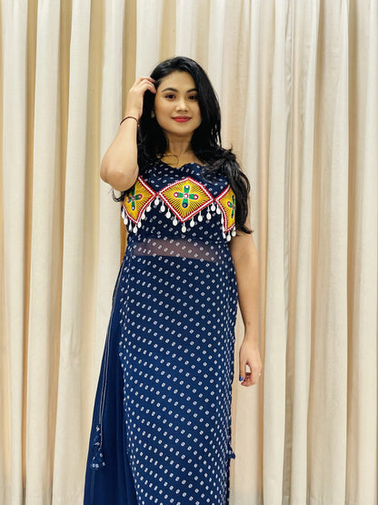 BALADA Navy Blue Georgette Kurti for Navratri – Traditional Mirror Work Festive Wear