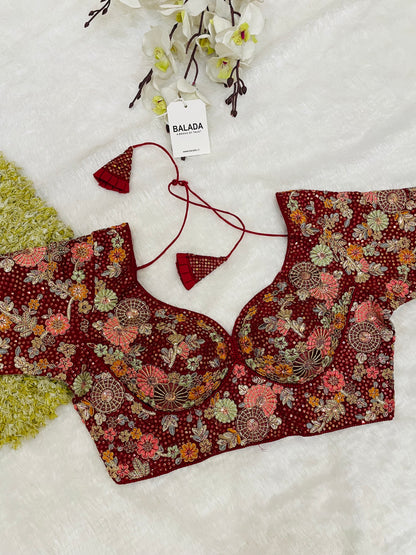 Maroon Heavy Embroidered Floral Blouse with Tassels