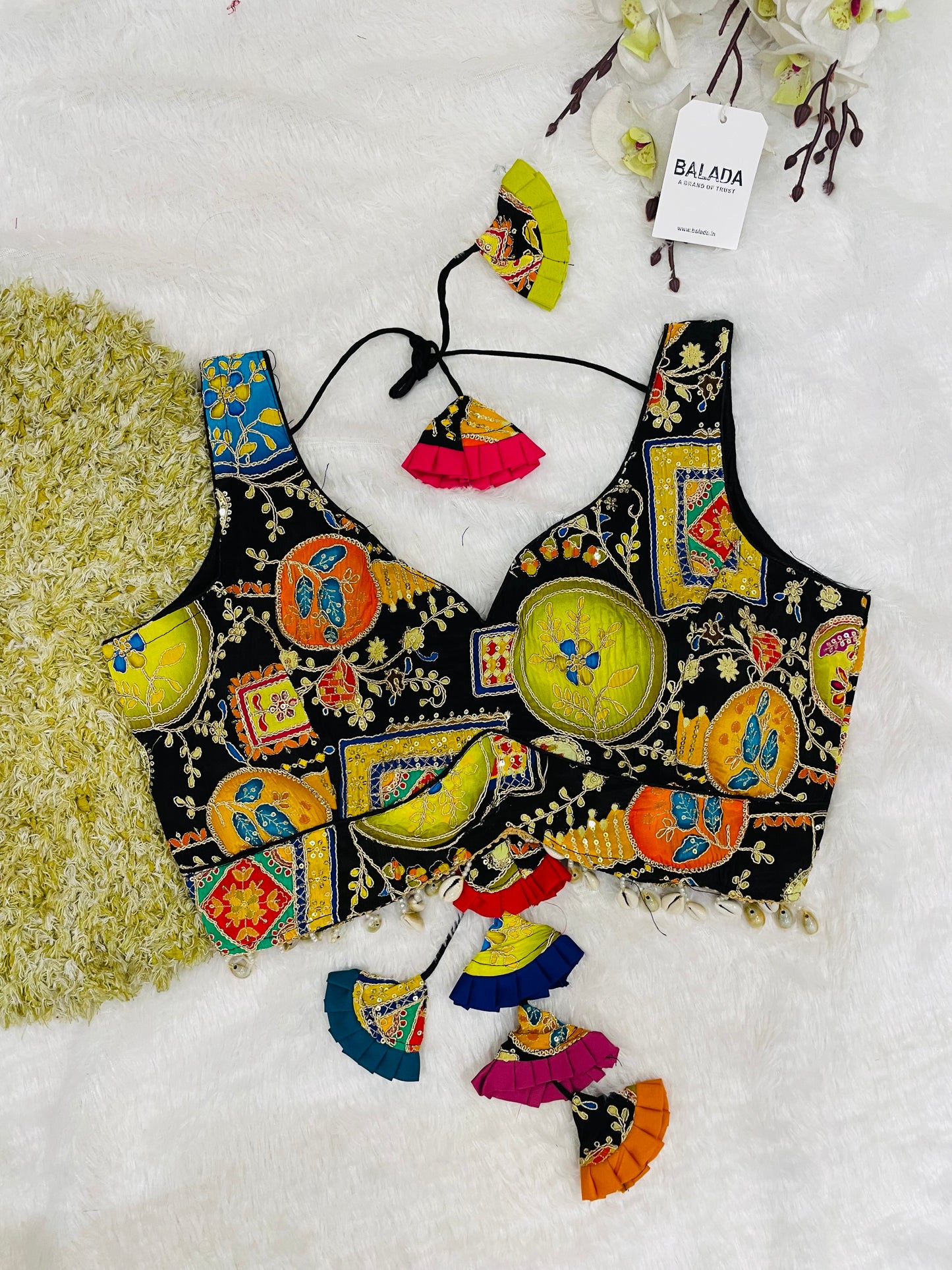 Black Multicolor Embroidered Sleeveless Blouse with Tassels