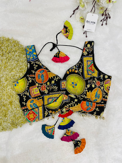 Black Multicolor Embroidered Sleeveless Blouse with Tassels