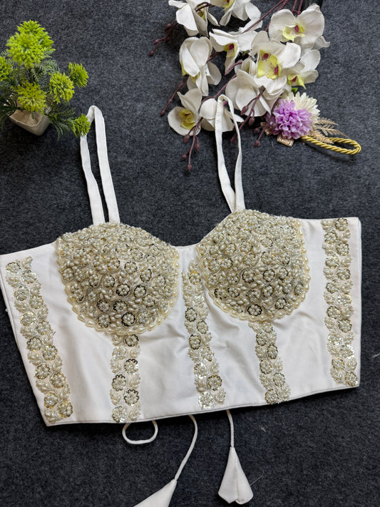 BALADA Ivory Pearl Embroidered Designer Blouse for Women | Heavy Bridal Sequin Work Padded Blouse | Wedding Lehenga Choli Blouse