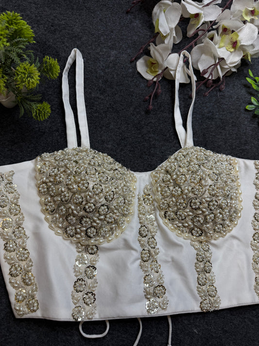 BALADA Ivory Pearl Embroidered Designer Blouse for Women | Heavy Bridal Sequin Work Padded Blouse | Wedding Lehenga Choli Blouse