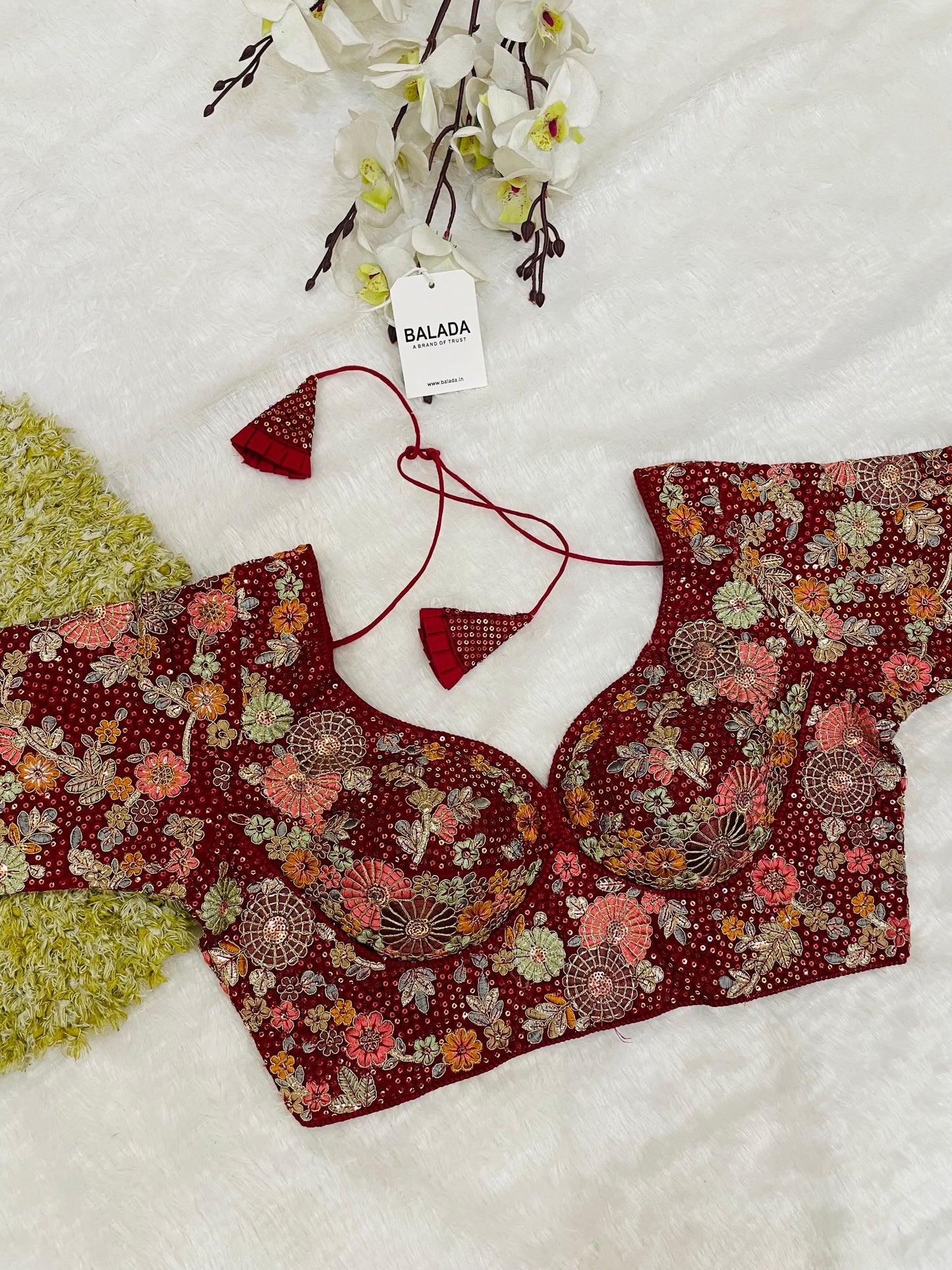 Maroon Heavy Embroidered Floral Blouse with Tassels