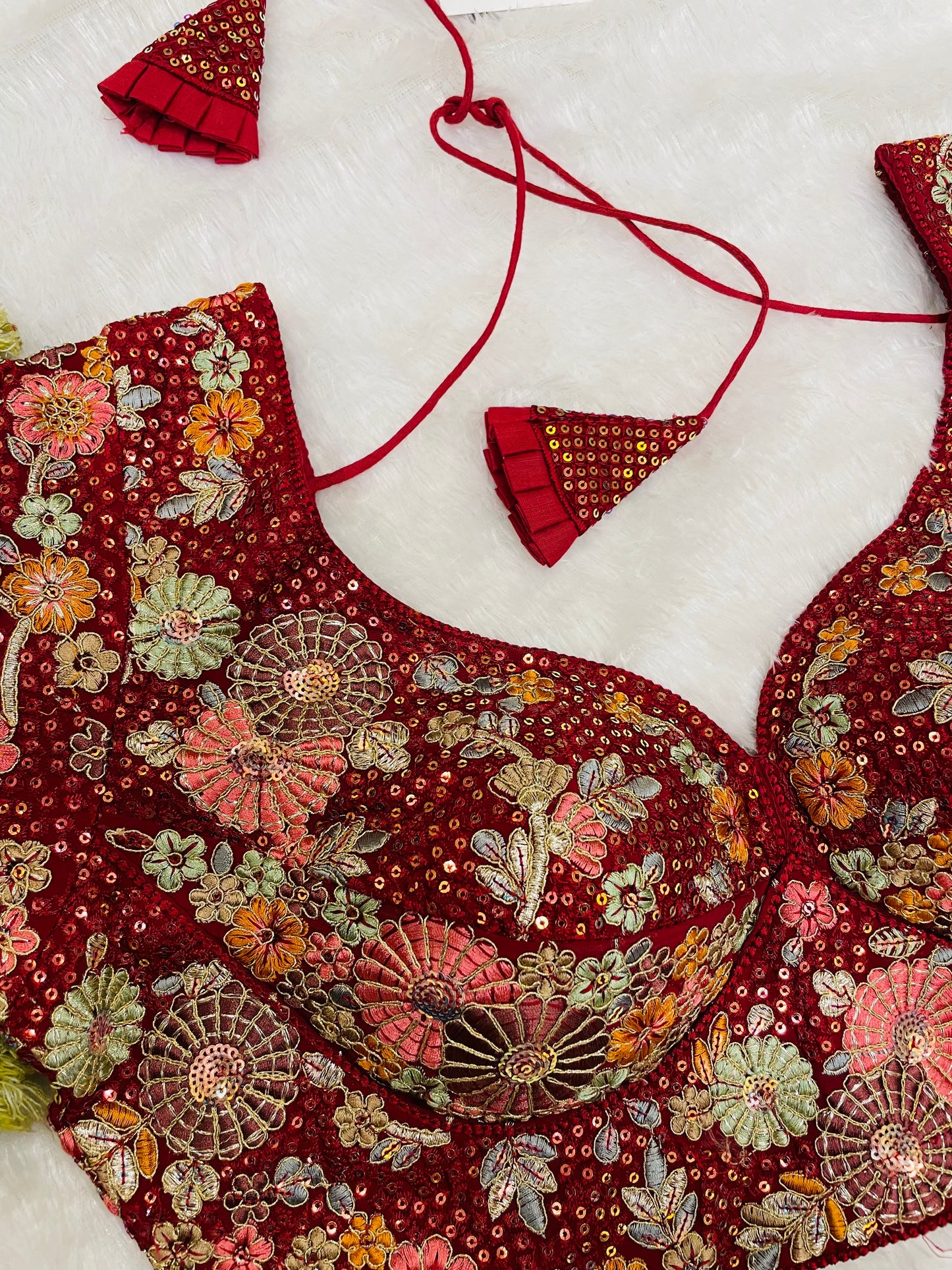 Maroon Heavy Embroidered Floral Blouse with Tassels