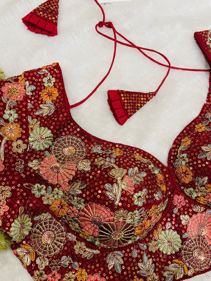 Maroon Heavy Embroidered Floral Blouse with Tassels