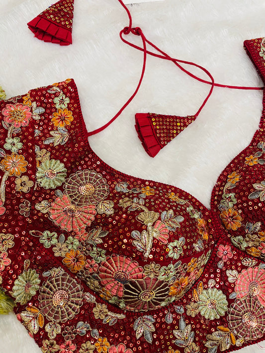 Maroon Heavy Embroidered Floral Blouse with Tassels