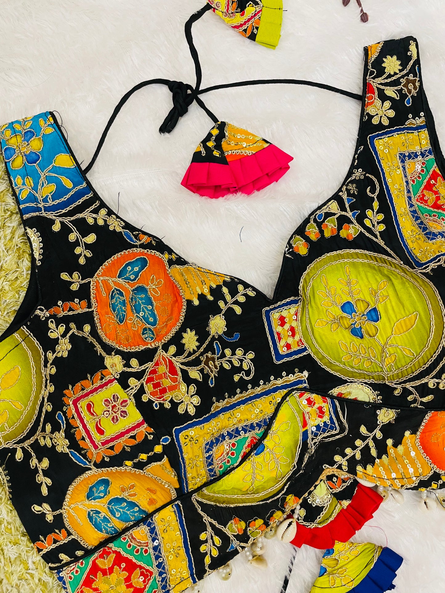 Black Multicolor Embroidered Sleeveless Blouse with Tassels