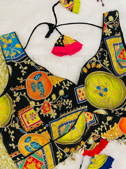 Black Multicolor Embroidered Sleeveless Blouse with Tassels