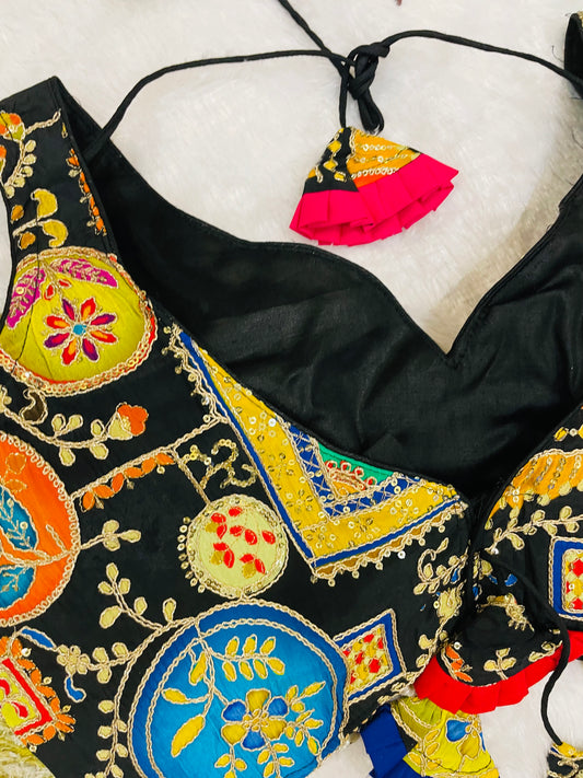 Black Multicolor Embroidered Sleeveless Blouse with Tassels