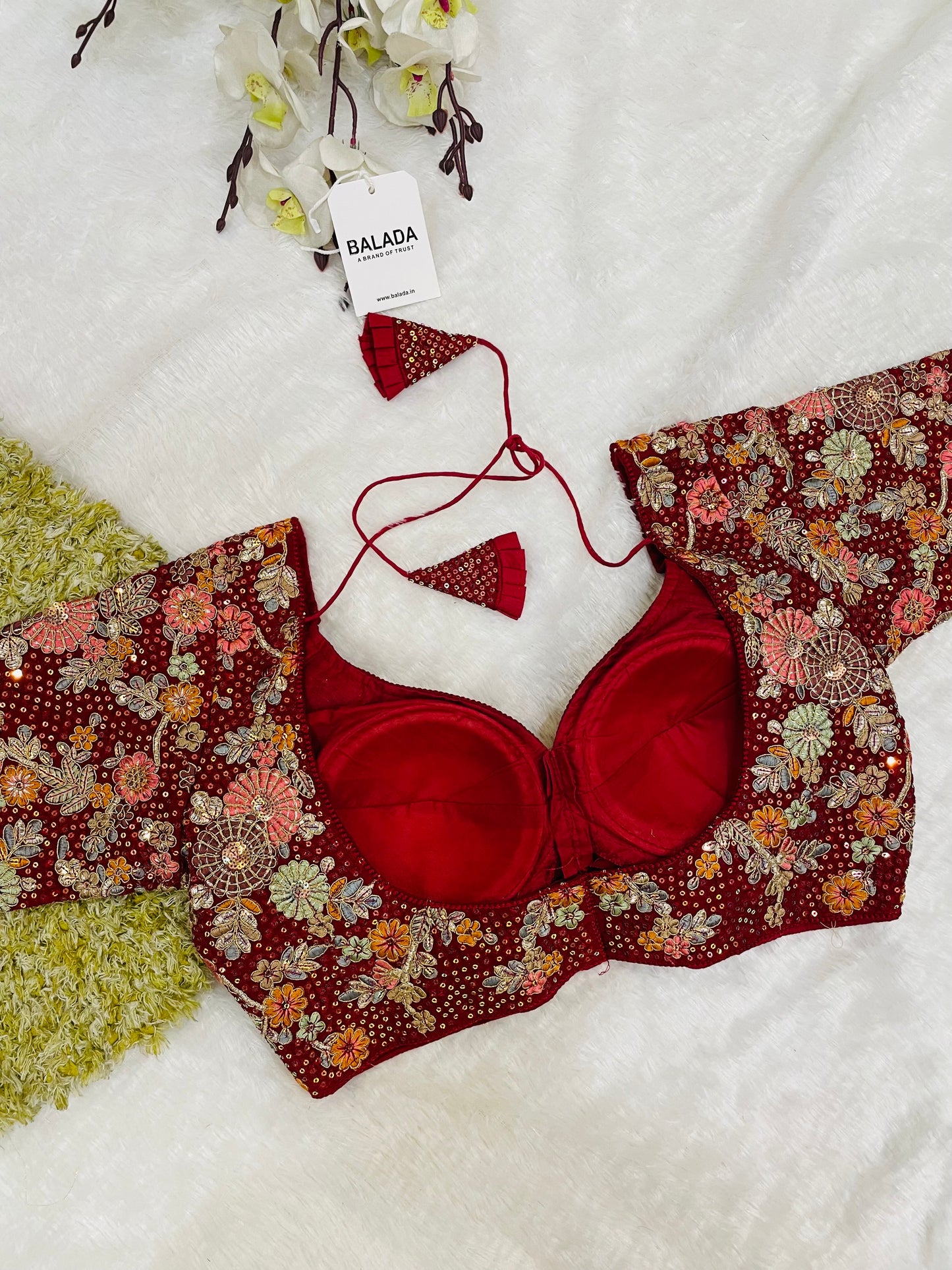 Maroon Heavy Embroidered Floral Blouse with Tassels