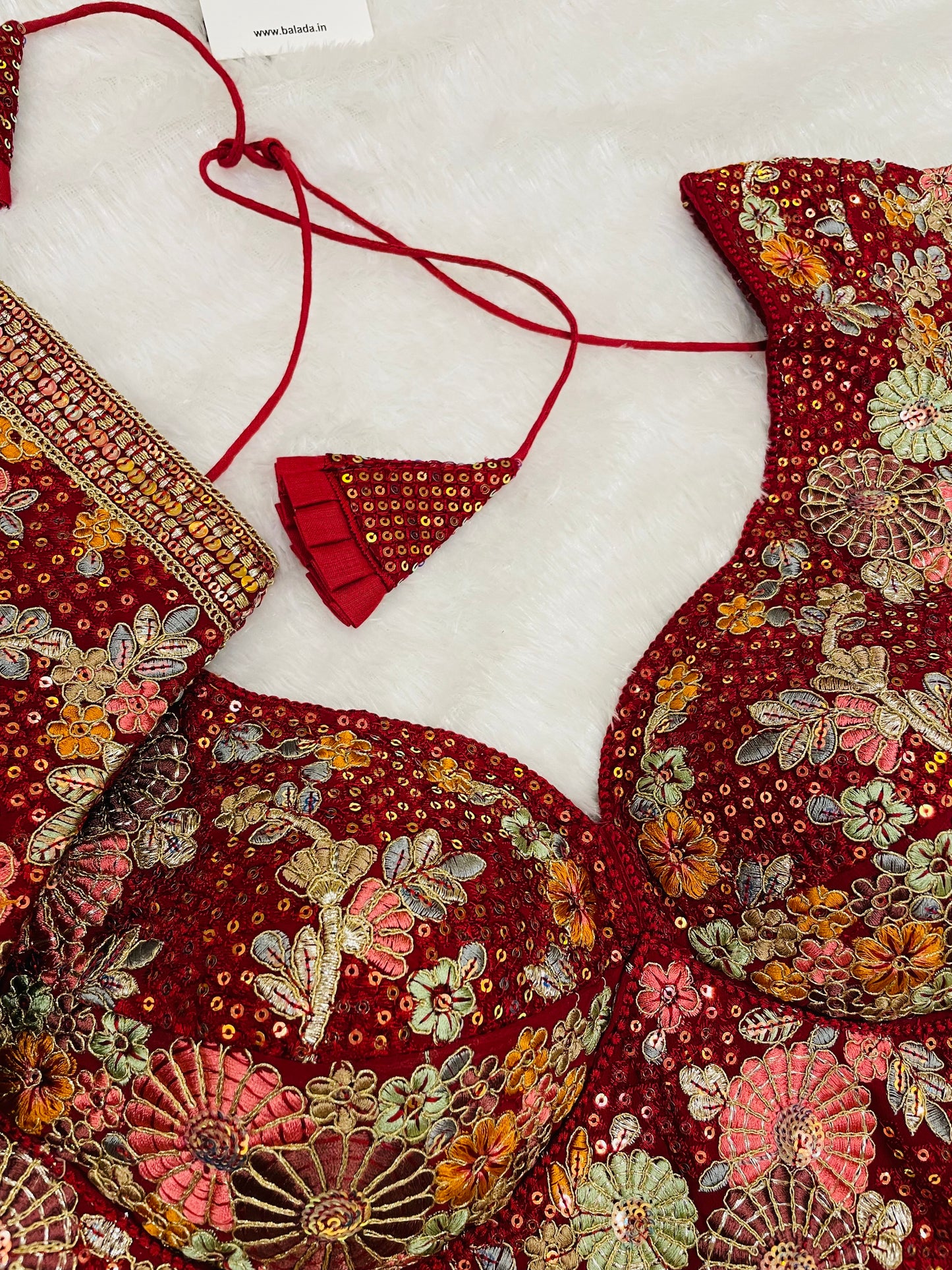 Maroon Heavy Embroidered Floral Blouse with Tassels