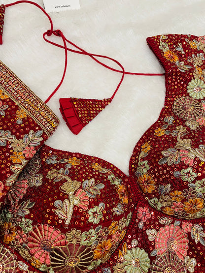 Maroon Heavy Embroidered Floral Blouse with Tassels