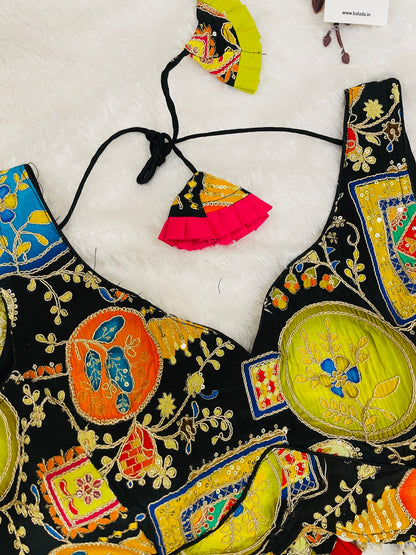 Black Multicolor Embroidered Sleeveless Blouse with Tassels