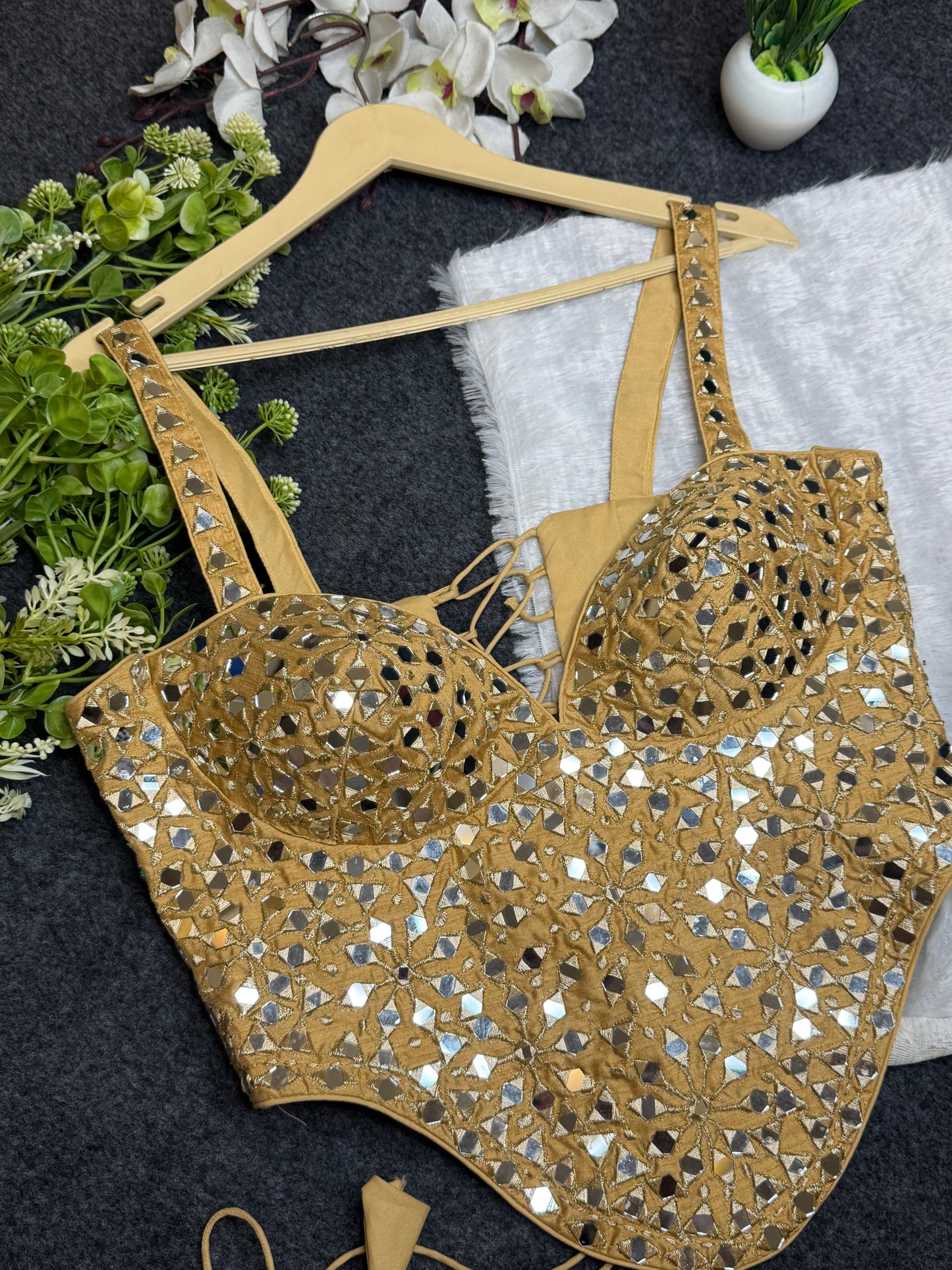 BALADA Women's Gold Mirror Work Bustier Blouse | Designer Party Wear Readymade Blouse | Fancy Wedding & Navratri Blouse for Women