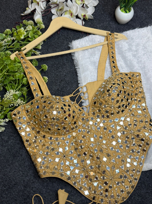 BALADA Women's Gold Mirror Work Bustier Blouse | Designer Party Wear Readymade Blouse | Fancy Wedding & Navratri Blouse for Women