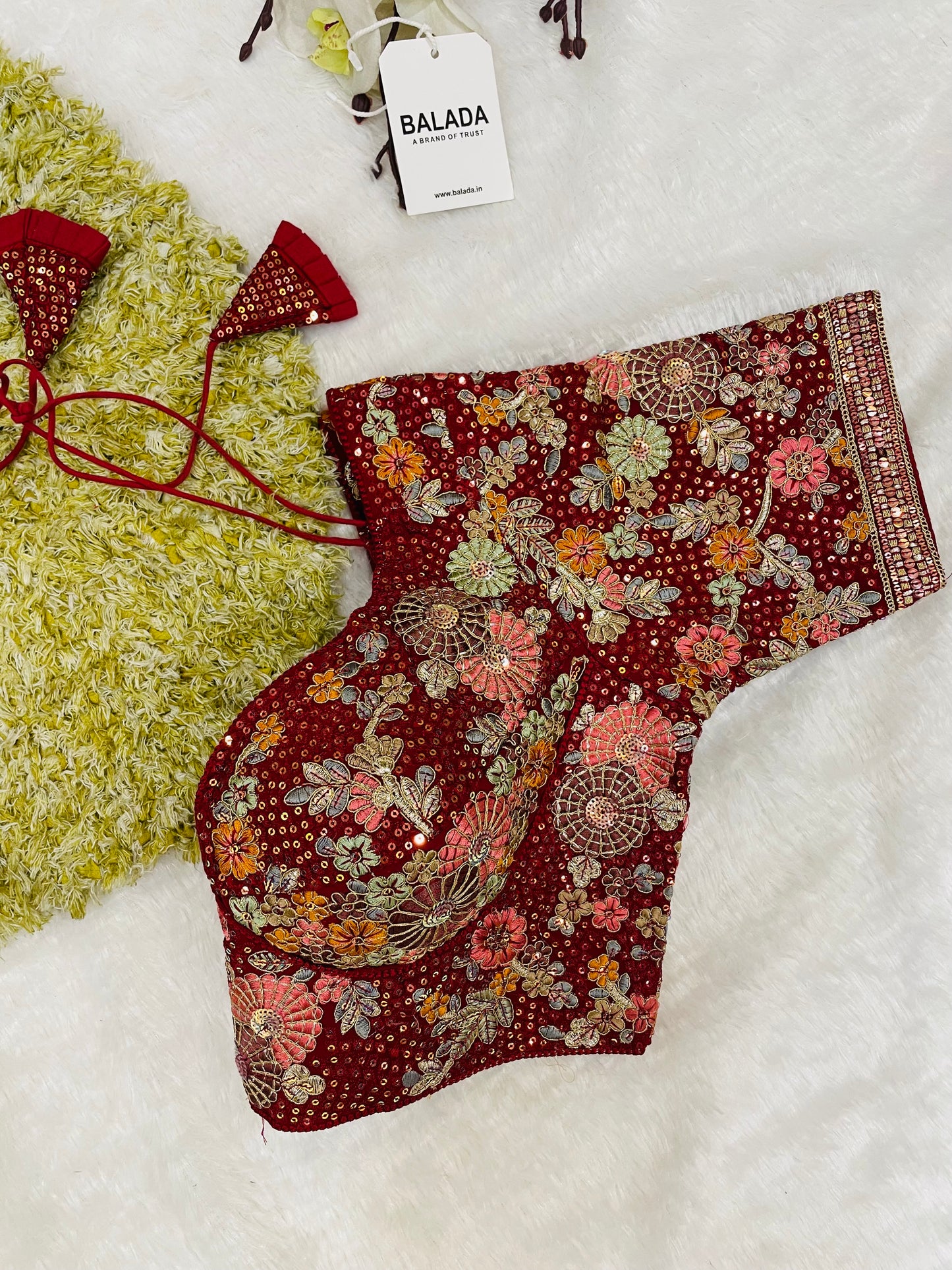 Maroon Heavy Embroidered Floral Blouse with Tassels